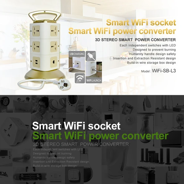 VONETS WiFi-SB-L3 3 Katmanlı 8 Prizli 2 USB Portlu RJ45 Girişli 300Mbps WiFi Tekrarlayıcı Akıllı Priz EU Fiş 2m Kablo Altın Renk - 7