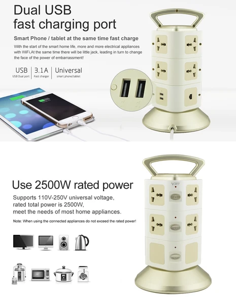 VONETS WiFi-SB-L3 3 Katmanlı 8 Prizli 2 USB Portlu RJ45 Girişli 300Mbps WiFi Tekrarlayıcı Akıllı Priz EU Fiş 2m Kablo Altın Renk - 11