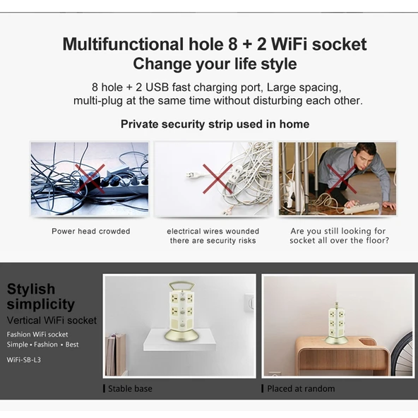 VONETS WiFi-SB-L3 3 Katmanlı 8 Prizli 2 USB Portlu RJ45 Girişli 300Mbps WiFi Tekrarlayıcı Akıllı Priz EU Fiş 2m Kablo Altın Renk - 8