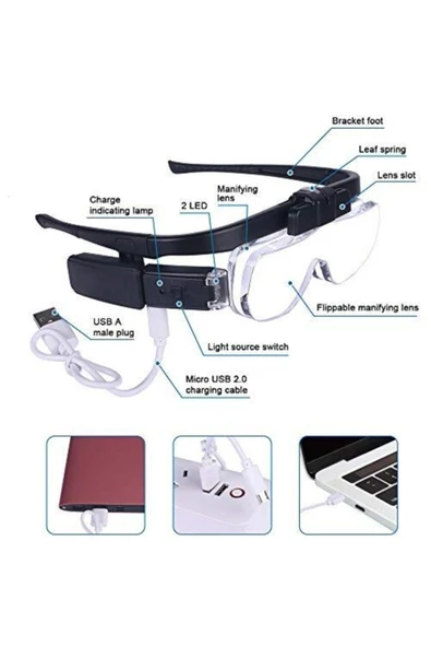 Bosile Şarjlı Işıklı 3 Lensli Gözlük Büyüteç - 8