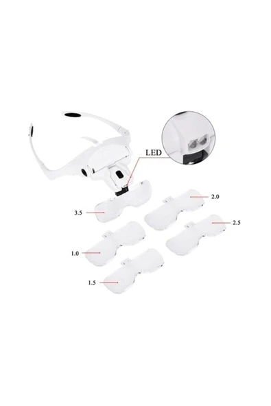 Bosile 5 Lensli 2 Led Işıklı Ayarlanabilir Gözlük Tipi Büyüteç - 1.0x - 3.5x Zoom - Üstün Kalite - 6