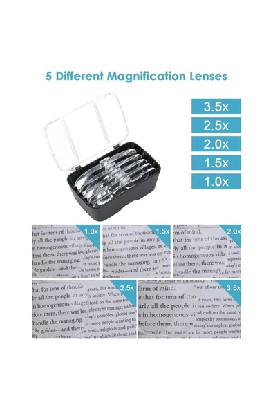Nikula 5 Lensli 2 Led Işıklı Ayarlanabilir Gözlük Tipi Büyüteç - 1.0x - 3.5x Zoom - Üstün Kalite - 3