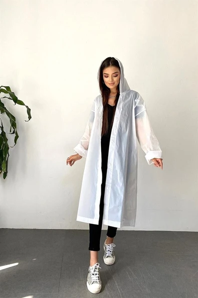 MODA SARE Kadın Erkek Yağmurluk Kapüşonlu Çıtçıtlı Eva Beyaz Yağmurluk M21mrc881r02