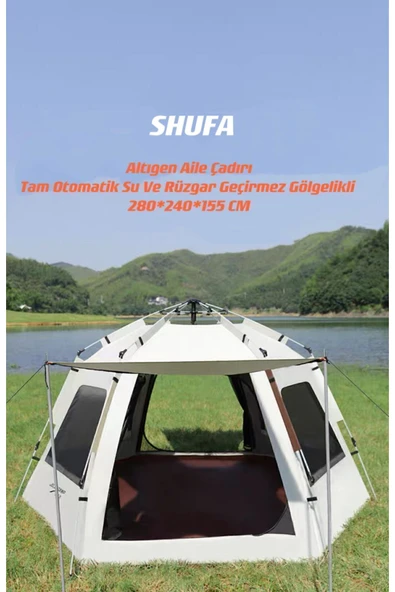 SHUFA Tam Otomatik Su Ve Rüzgar Geçirmez Gölgelikli Altıgen Aile Çadırı 280x240x155 Cm Bej
