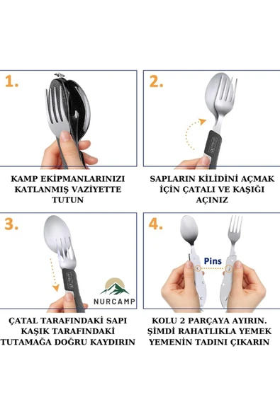 Nurcamp Katlanır Kaşık Çatal Bıçak Tirbuşon 4 Fonksiyon Seti - 5