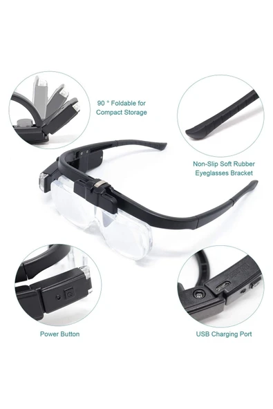 Bosile 3 Lensli Şarjlı Led Işıklı Gözlük Büyüteç - Resim 4