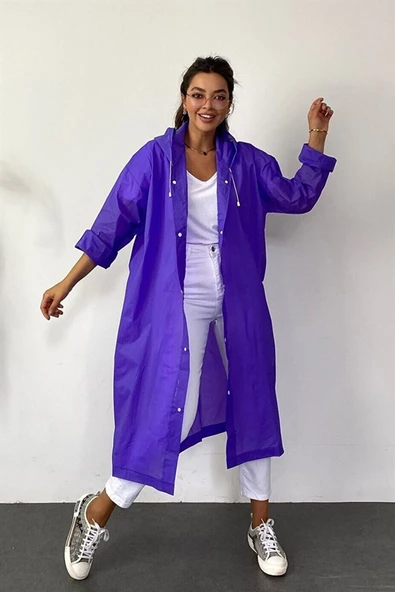 ÖNDER MODA Kadın Erkek Yağmurluk Kapüşonlu Çıtçıtlı Eva Mor Yağmurluk M21mrc881r09