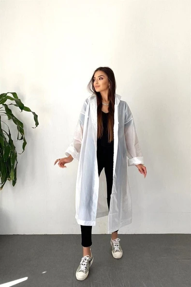 ÖNDER MODA Kadın Erkek Beyaz Kapüşonlu Çıtçıtlı Eva Yağmurluk Rüzgarlık - 2