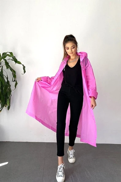 EZMK EV GEREÇLERİ Unisex Pembe Yağmurluk Şeffaf Su Geçirmez Kıyafet Üstü Eva Kumaş, Marlux Yağmurluk - 4