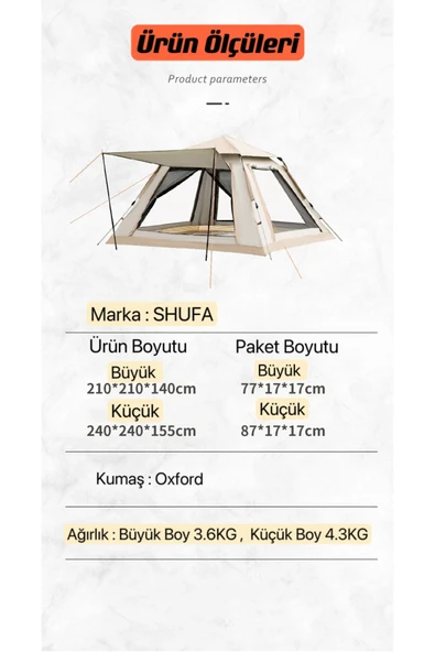 SHUFA 4 Tarafı Kare Tenteli Tam Otomatik Kamp Çadırı 240*240*155 - Resim 7