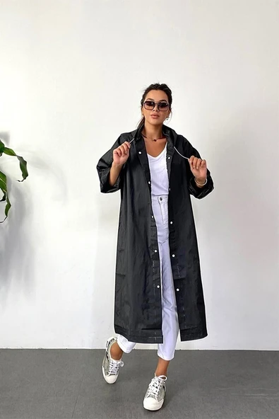 ÖNDER MODA Marlux Kadın Erkek Yağmurluk Kapüşonlu Çıtçıtlı Eva Siyah Yağmurluk