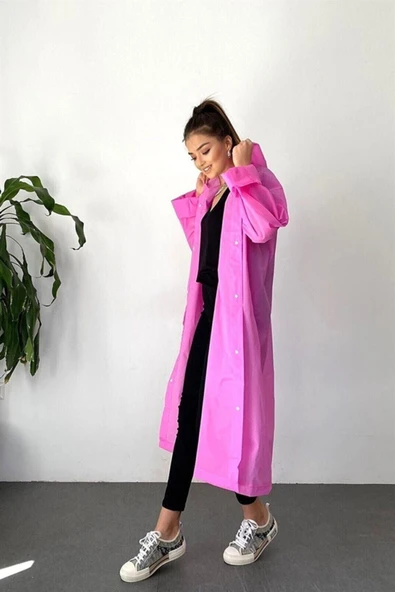 EZMK EV GEREÇLERİ Unisex Pembe Yağmurluk Şeffaf Su Geçirmez Kıyafet Üstü Eva Kumaş, Marlux Yağmurluk - 3
