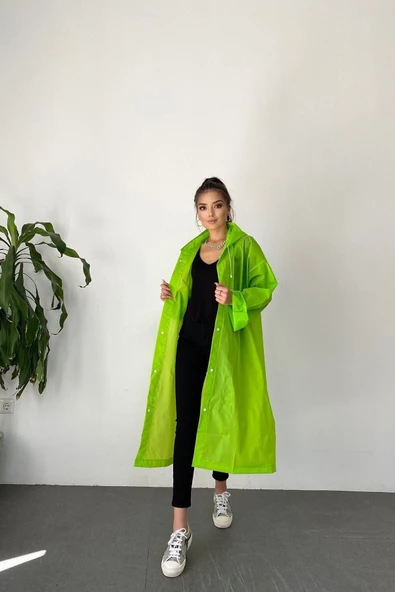 Butik Gardrop Kadın Yeşil Çıt Çıt Detay Şeffaf Yağmurluk