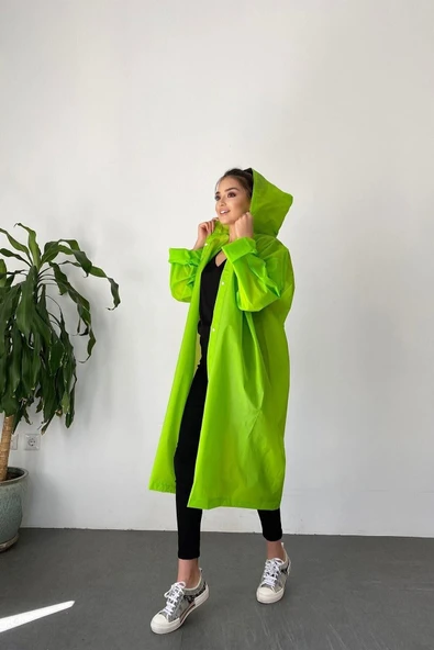 Butik Gardrop Kadın Yeşil Çıt Çıt Detay Şeffaf Yağmurluk - 2