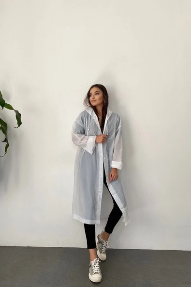 Butik Gardrop Kadın Beyaz Çıt Çıt Detay Şeffaf Yağmurluk - 5