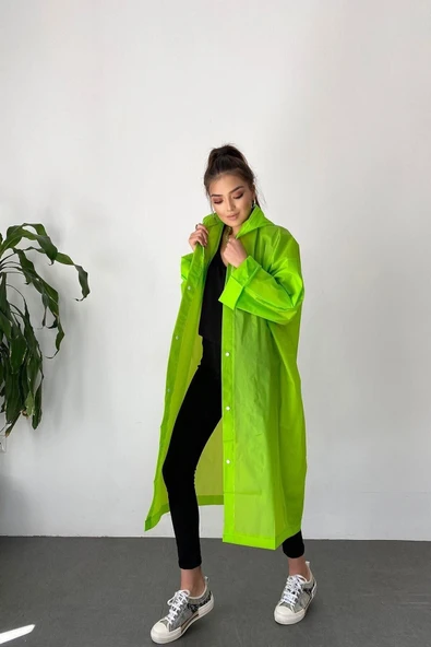 Butik Gardrop Kadın Yeşil Çıt Çıt Detay Şeffaf Yağmurluk - 5