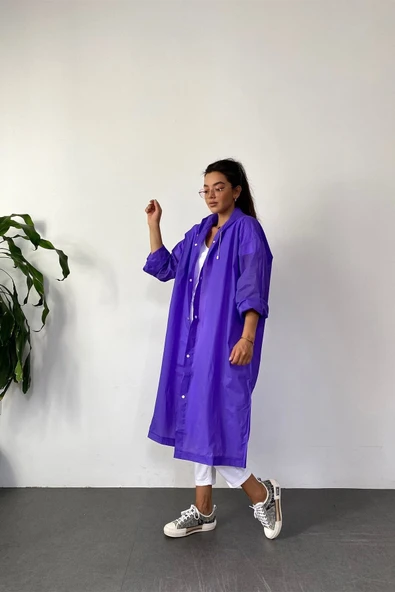 Butik Gardrop Kadın Mor Çıt Çıt Detay Şeffaf Yağmurluk - 4