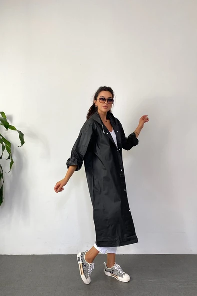 Butik Gardrop Kadın Siyah Çıt Çıt Detay Şeffaf Yağmurluk - 4