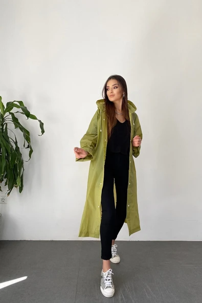 Butik Gardrop Kadın Haki Çıt Çıt Detay Şeffaf Yağmurluk - 5