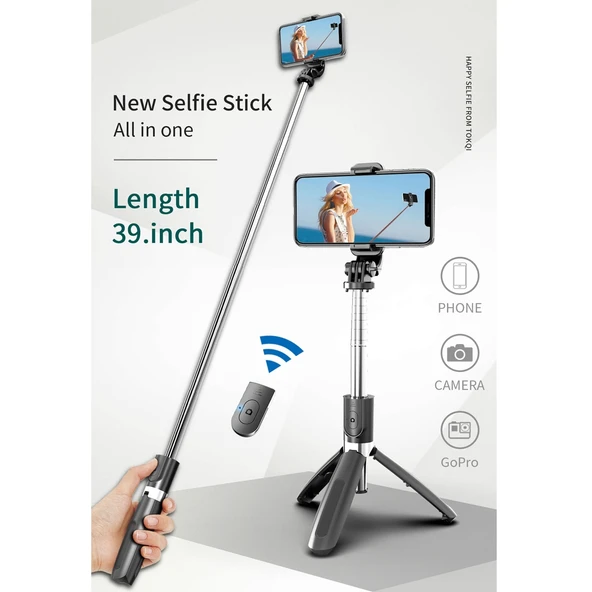 L02 100cm Çok Fonksiyonlu Ayarlanabilir Bluetooth Özçekim Çubuğu Siyah - 2
