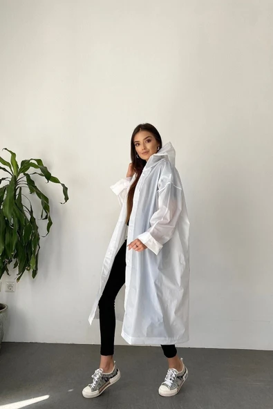 Butik Gardrop Kadın Beyaz Çıt Çıt Detay Şeffaf Yağmurluk - 4