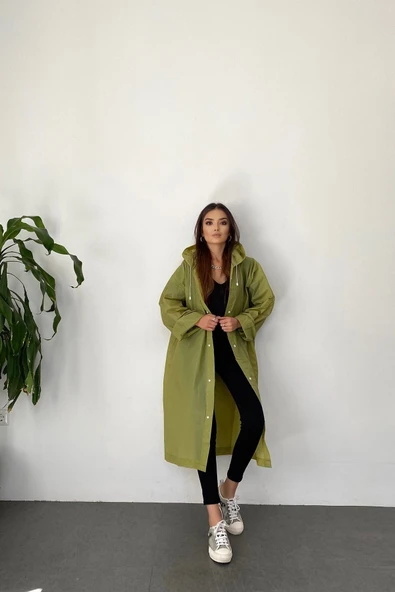 Butik Gardrop Kadın Haki Çıt Çıt Detay Şeffaf Yağmurluk - 4