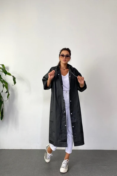 Butik Gardrop Kadın Siyah Çıt Çıt Detay Şeffaf Yağmurluk - 5