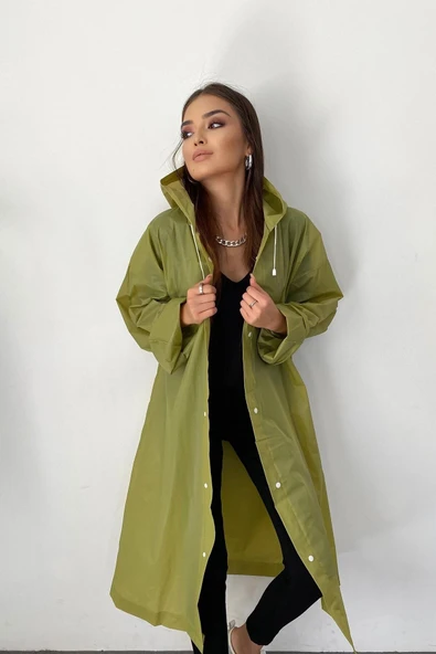 Butik Gardrop Kadın Haki Çıt Çıt Detay Şeffaf Yağmurluk - 2