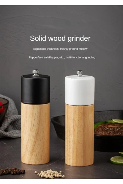 Bosile Ahşap Baharat Karabiber Tuz Öğütücü Değirmen Tuzluk Baharatlık 16 Cm 2'li Set Meşe Ağacı - 6