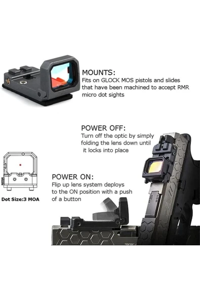 Bosile Flipdot Reflex Tabanca için Optic 1x22mm 3 MOA Red Dot Sight Siyah Nişangah - Resim 4