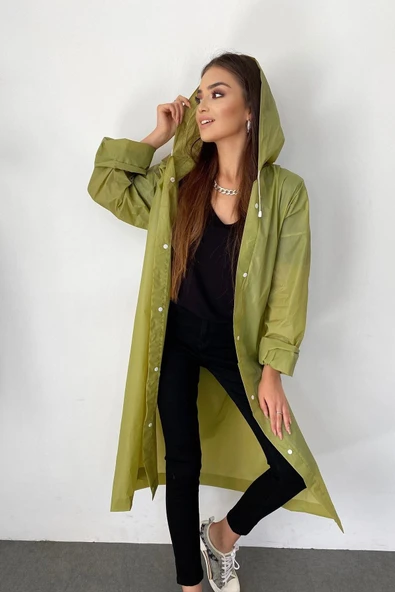 Butik Gardrop Kadın Haki Çıt Çıt Detay Şeffaf Yağmurluk