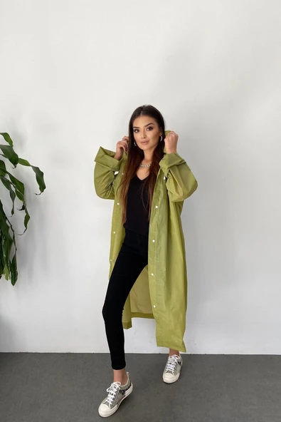 Butik Gardrop Kadın Haki Çıt Çıt Detay Şeffaf Yağmurluk - 3