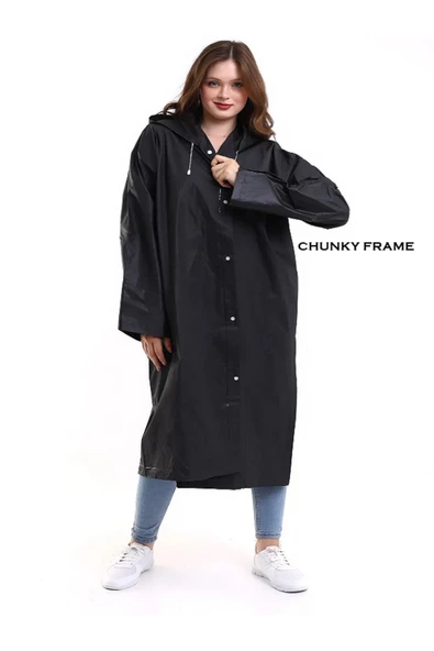 Chunky Frame Kadın Erkek Yağmurluk Şemsiye Kapüşonlu Çıtçıtlı Eva Siyah Yağmurluk - 4