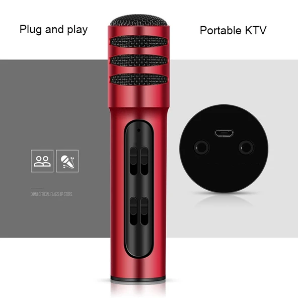 BGN C7 Kondenser Mikrofon Kırmızı Çift Kanallı Mobil Telefon Karaoke Canlı Performans Mikrofonu Dahili Ses Kartı - 4