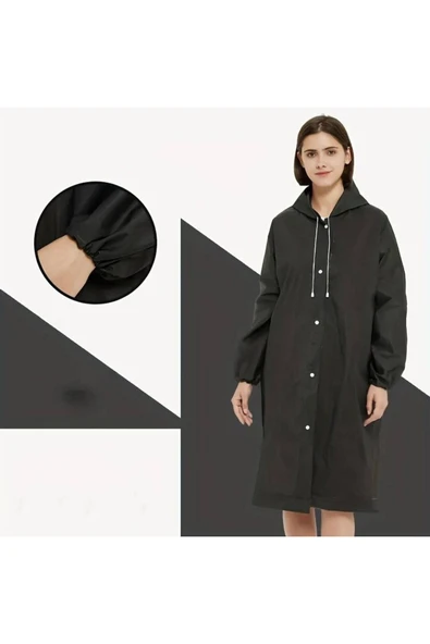 Bosile Kadın Erkek Yağmurluk Şemsiye Kapüşonlu Çıtçıtlı Eva Siyah Yağmurluk