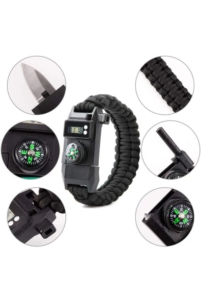 TRENDOFFİCAL Dijital Saatli Pusula Düdük Cam Kırıcı Magnezyum Çubuklu Fonksiyonel Paracord Bileklik ürün görseli