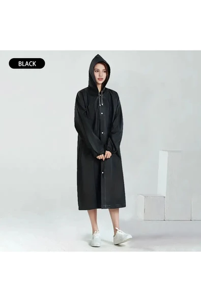 Bosile Kadın Erkek Yağmurluk Şemsiye Kapüşonlu Çıtçıtlı Eva Siyah Yağmurluk - 2