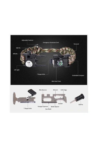 Bosile Depremde Ve Acil Afetlerde Pusula,fenerli Yüksek Desibel Düdüklü Hayatta Kalma Bilekliği - 5