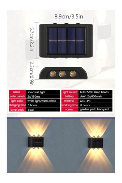 Tuğra E-Ticaret 6 Ledli Solar Duvar Lamba Güneş Enerji Gün Işığı 2 Li Set - 3