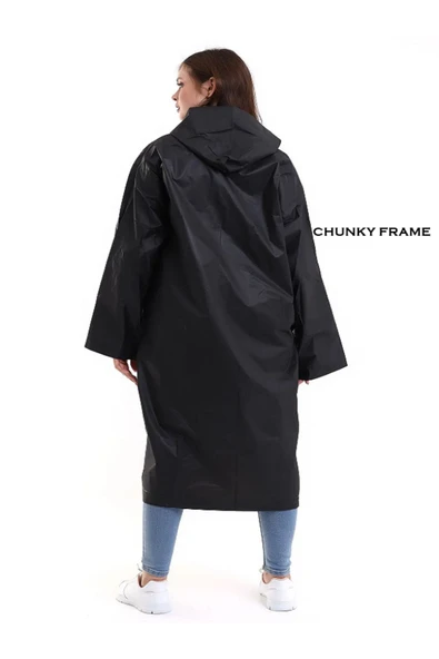 Chunky Frame Kadın Erkek Yağmurluk Şemsiye Kapüşonlu Çıtçıtlı Eva Siyah Yağmurluk - 3