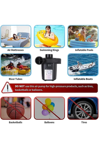 JUNGLEE 220v Elektrikli Sorelis Hava Pompası Şişme Yatak Bot Simit Şişme Koltuk Deniz Yatağı Pompa Air Pump - 5