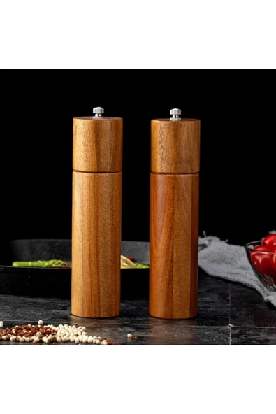 Nurcamp Ahşap Tuz Baharat Değirmeni - Akasya Ahşap Tuz Baharat Değirmeni Tuzluk 2'li set