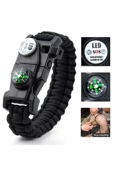TRENDOFFİCAL Paracord Acil Durum Sos Led Işıklı Paracord Bileklik + Pusula + Düdük + Ateş Başlangıcı
