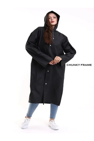 Chunky Frame Kadın Erkek Yağmurluk Şemsiye Kapüşonlu Çıtçıtlı Eva Siyah Yağmurluk - 6