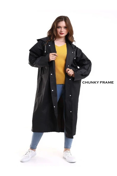 Chunky Frame Kadın Erkek Yağmurluk Şemsiye Kapüşonlu Çıtçıtlı Eva Siyah Yağmurluk