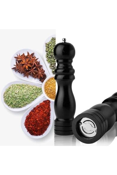 Greathings 2li Karabiber Tuz Kahve Baharat Öğütücü Ahşap Manuel El Değirmeni Tuzluk 2 Adet Siyah - 3