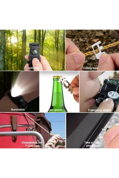 TRENDOFFİCAL Paracord Acil Durum Sos Led Işıklı Paracord Bileklik + Pusula + Düdük + Ateş Başlangıcı - 2