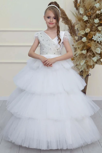 Kız Çocuk Gövdesi İnci Taş İşlemeli Kat Kat Tüllü Kolsuz Beyaz Abiye - Resim 9