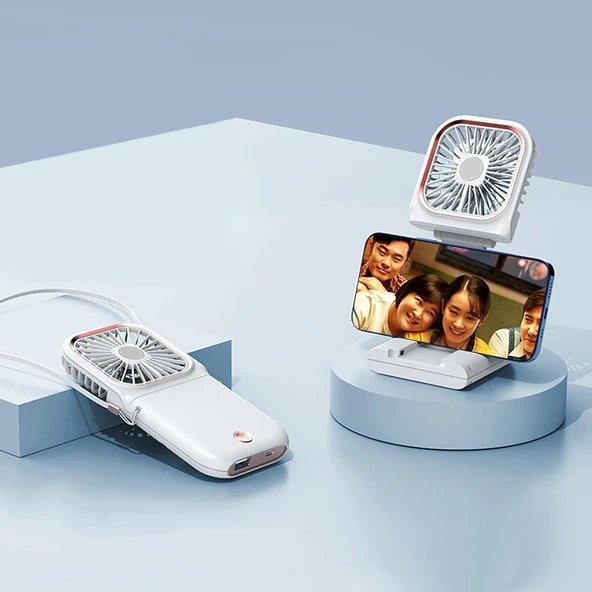 F30 Beyaz Taşınabilir USB Şarjlı Katlanabilir Sessiz Boyun ve Masaüstü El Vantilatörü