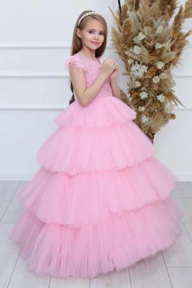 Kız Çocuk Gövdesi İnci Taş İşlemeli Kat Kat Tüllü Kolsuz Pembe Abiye - Resim 6